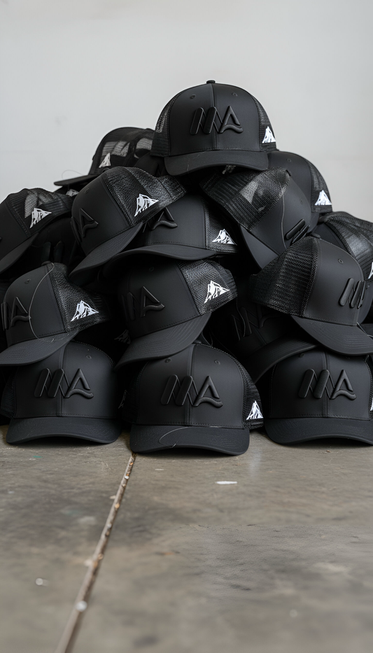 Black adventure trucker hat