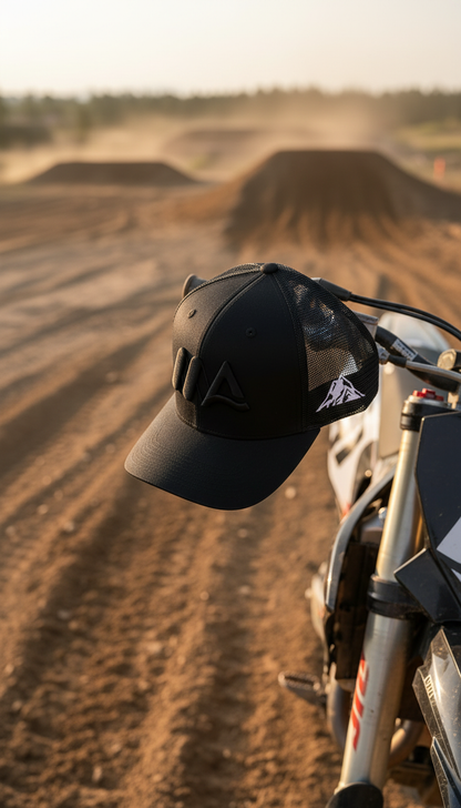 Black adventure trucker hat